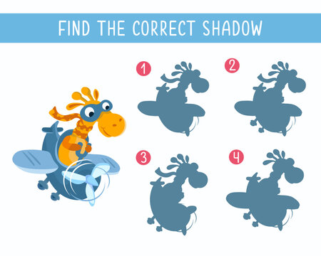 Find correct shadow. Puzzle for kids. Cute giraffe with smile on plane. Cartoon character. Vector illustration. Transport and air racing. 
