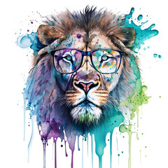 Portrait of male lion wear glasses on transparent background, watercolor painting, paint splatter, Printable design for wall art, posters, t-shirts, Generative AI