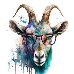 Portrait of goat wear glasses on transparent background, watercolor painting, paint splatter, Printable design for wall art, posters, t-shirts, Generative AI