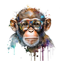 Portrait of cute baby chimpanzee wear glasses on transparent background, watercolor painting, paint splatter, Printable design for wall art, posters, t-shirts, Generative AI