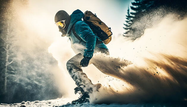 Banner Extreme snowboarding. Freeride snowboard in fresh powder snow with sunlight. Winter action photo. Generation AI