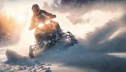 Extreme Freeride Snowmobile fresh powder snow in forest with sunlight. Winter adventure action photo. Generation AI