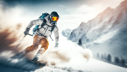 Extreme skiing. Freeride ski in fresh powder snow with sunlight. Winter action photo. Generation AI