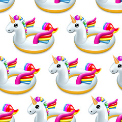 Fototapeta premium Unicorn bright multi-colored on a white background seamless pattern. Swimming toy, design to decorate summer holiday items. Vector.
