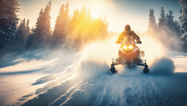 Winter Extreme adventure action photo. Freeride Snowmobile fresh powder snow in forest with sunlight. Generation AI
