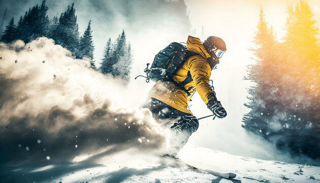 Freeride ski in fresh powder snow with sunlight. Winter Adventure Extreme skiing. Generation AI