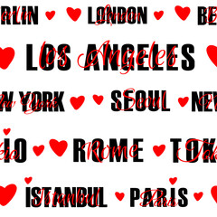 Seamless pattern with handwriting city names. Fabric print template.