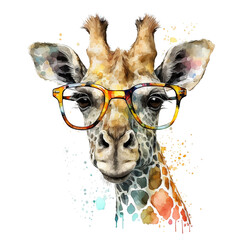 Portrait of cute giraffe wear glasses on transparent background, watercolor painting, paint splatter, Printable design for wall art, posters, t-shirts, Generative AI
