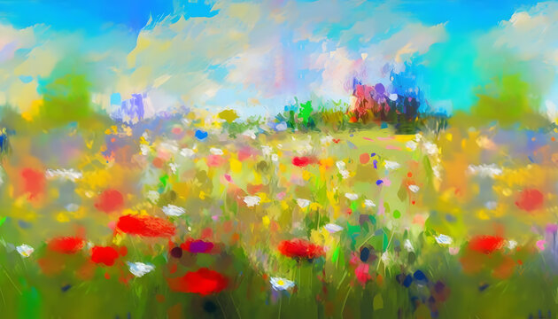 Colorful flower meadow, oil painting, generative AI © Anirut