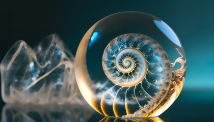 Macro of a glass orb with a spiral design, nautilus fossil on a blue background Generative AI