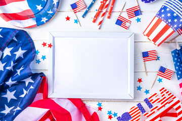 Obraz premium Happy Labor Day, Presidents Day, Fourth of July Independent Day, Memorial day, Columbus day background. White wooden background with USA flag color paper fans and decorations, party accessories