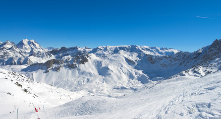 Fototapeta na wymiar Ski slopes of winter mountain resort Meribel-Courchevel, France. Taken in Feb 2017.