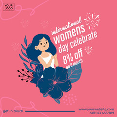 Banner for International Women Day. Colorful template for card, poster and social network.Strong and brave girls support each other. Cartoon flat vector illustration isolated on pink background