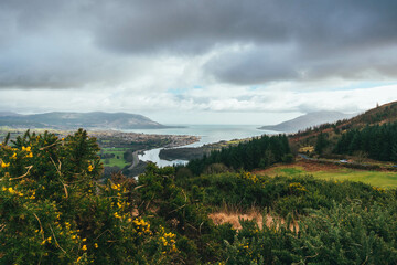 Moody grey cloudy sky, with rolling green hills and vegetation, Slieve Gullion, Co. Armagh,  Ring...