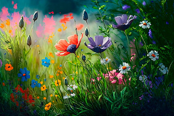 Fototapeta na wymiar Meadow full of colorful flowers in springtime. Generative AI