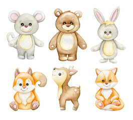 Plakat Bear, mouse, bunny, squirrel, fox, deer. Cute forest animals, in cartoon style. Watercolor set.