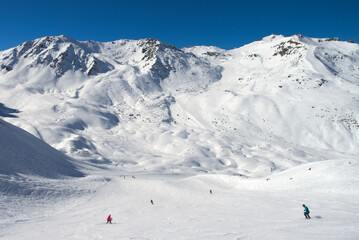 Ski slopes of winter mountain resort Meribel-Courchevel, France. Taken in Feb 2017.