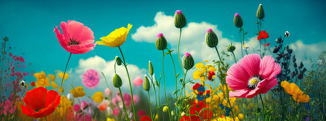 Fototapeta na wymiar Meadow full of colorful flowers in springtime. Panoramic view. Generative AI