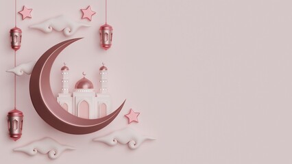 Islamic decoration background ramadan kareem banner template with 3d illustration mosque, cloud, crescent and stars copy space