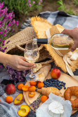 wine, fruits, berries, cheese, glasses picnic in lavender field. Selective focus