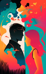Silhouette couple face each other across a divide surrounded by bright colours, vector style art. Generative AI