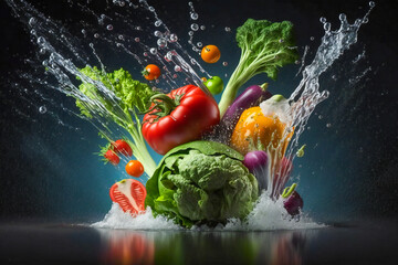 Illustration of fresh vegetables splashes in water. Diet, healthy food concept. Created with Generative AI technology.