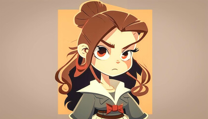 Angry cute girl, cartoon illustration, generative AI.