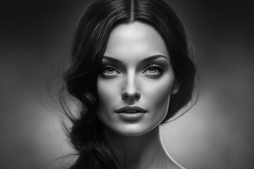 Fototapeta premium Woman portrait, black on black monochrome color scheme, fictitious person. AI generated image