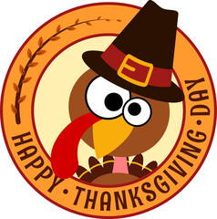 Happy Thanksgiving Day. Funny cartoon character turkey bird in pilgrim hat background wallpaper card round logo. Vector illustration isolated on white