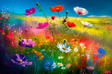 Plakat Meadow full of colorful flowers in springtime. Generative AI