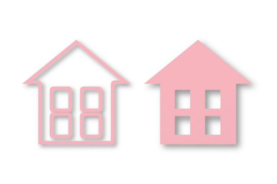 Pink paper cut house shapes apart on transparent background.