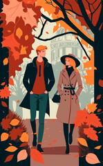 Young couple take a romantic autumn walk in the city, vector style art. Generative AI