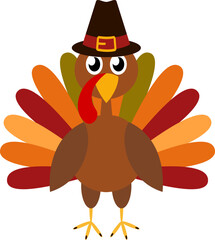 Thanksgiving Day. Funny cartoon character turkey bird in pilgrim hat. Vector illustration isolated on white - obrazy, fototapety, plakaty