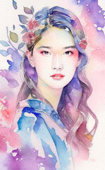 Romantic soft watercolour portrait of a young woman, Generative AI