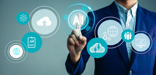 Digital transformation technology strategy, IoT, internet of things. Businessman pressing AI button on virtual screen.	