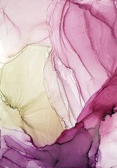 Abstract liquid painting background alcohol ink technique. Watercolor painting horizontal background. Alcohol ink violet, purple and green colors. Marble luxurious fluid texture.