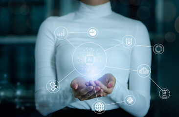 Woman Hand holding AI icon. Business global internet connection application technology and digital marketing, Digital link tech, big data.