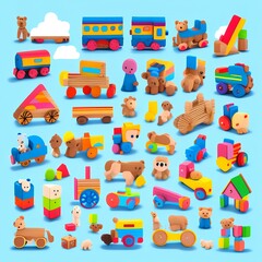 Various isolated Toys for kids. Wooden train, rocking horse, teddy bear, toy cubes, xylophone, pyramid, doll house. Childhood, children games, preschool activities concept. - generative ai