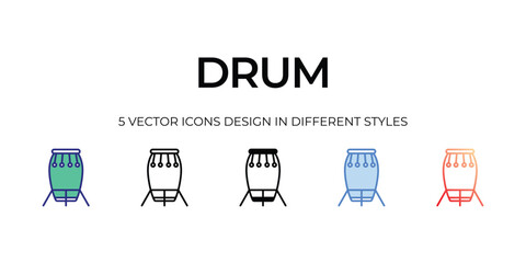 drum Icon Design in Five style with Editable Stroke. Line, Solid, Flat Line, Duo Tone Color, and Color Gradient Line. Suitable for Web Page, Mobile App, UI, UX and GUI design.