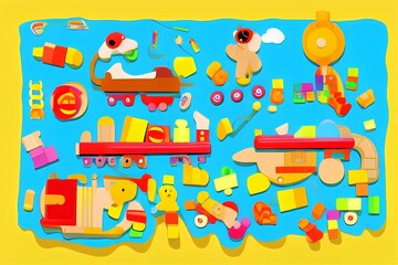 Various isolated Toys for kids. Wooden train, rocking horse, teddy bear, toy cubes, xylophone, pyramid, doll house. Childhood, children games, preschool activities concept. - generative ai