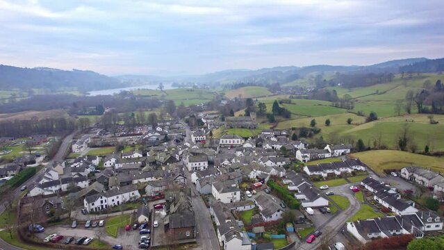 Drone, aerial footage of the historic village of Hawkshead a ancient town in the Lake District, Cumbria. The village is still the same collection of tiny houses, and squares