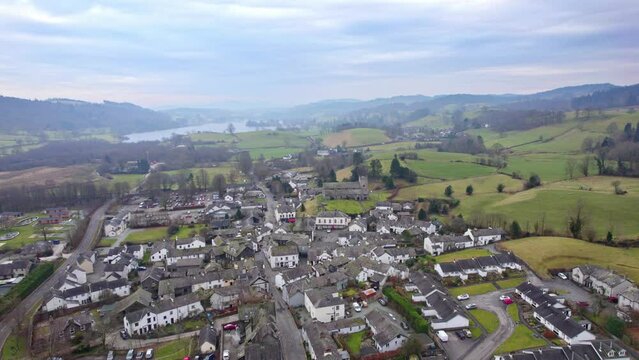 Drone, aerial footage of the historic village of Hawkshead a ancient town in the Lake District, Cumbria. The village is still the same collection of tiny houses, and squares