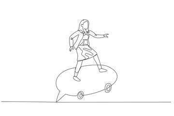businesswoman riding speech bubble skate using megaphone. metaphor for communication