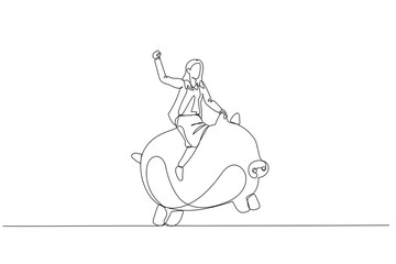 businesswoman riding piggy bank. metaphor for investment and saving