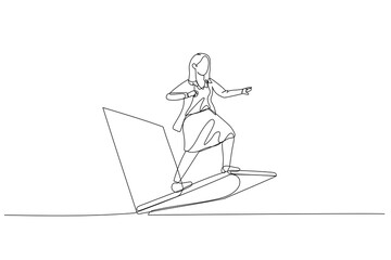 businesswoman riding laptop. metaphor for technology used in business