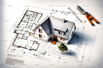 key and architectural map or drawing of house or future home at landlord real estate agent , ai generative