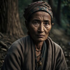 Portrait of an indian village woman in forest in Himachal pradesh. Generative AI.