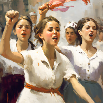 vintage painting of feminist women in power pose with raised fists fighting for women's rights, painting, generative ai	
