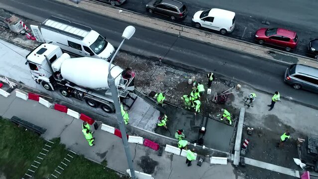 Putting In A Concrete City Sidewalk Slab - Aerial View