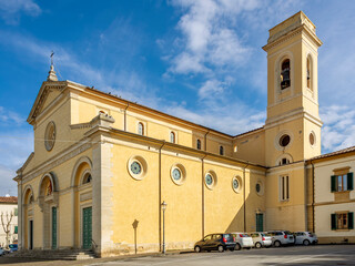 Fototapeta na wymiar The church of San Lorenzo in the historic center of Fauglia, Pisa, Italy